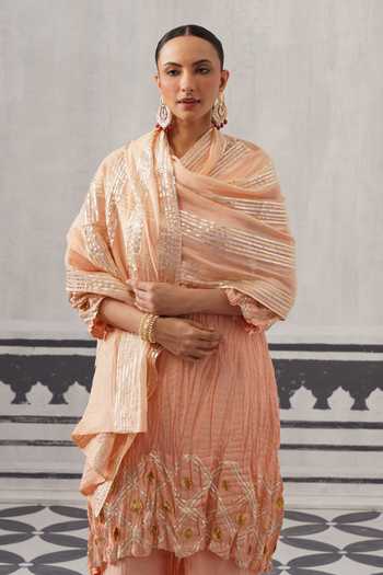 Shop Palak & Mehak Peach Chanderi Round Neck Rasna Crinkled Textured Kurta Set Online at Aza Fashions Shop_Palak & Mehak_Peach Chanderi Round Neck Rasna Crinkled Textured Kurta Set _Online_at_Aza_Fashions