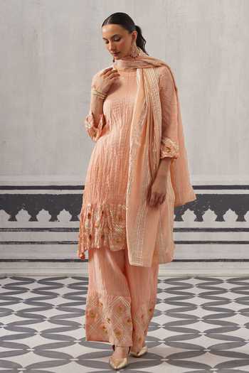 Palak & Mehak Peach Chanderi Round Neck Rasna Crinkled Textured Kurta Set at Aza Fashions Palak & Mehak_Peach Chanderi Round Neck Rasna Crinkled Textured Kurta Set _at_Aza_Fashions