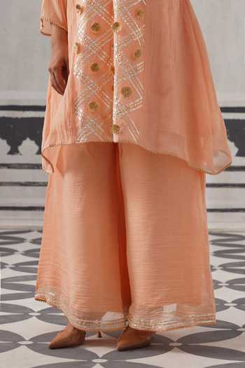 Palak & Mehak Peach Chanderi V-neck Tara Embellished A-line Kurta Set Online at Aza Fashions Palak & Mehak_Peach Chanderi V-neck Tara Embellished A-line Kurta Set _Online_at_Aza_Fashions