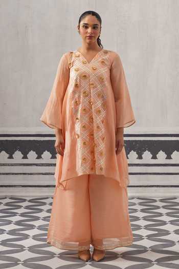 Shop Palak & Mehak Peach Chanderi V-neck Tara Embellished A-line Kurta Set Online at Aza Fashions Shop_Palak & Mehak_Peach Chanderi V-neck Tara Embellished A-line Kurta Set _Online_at_Aza_Fashions