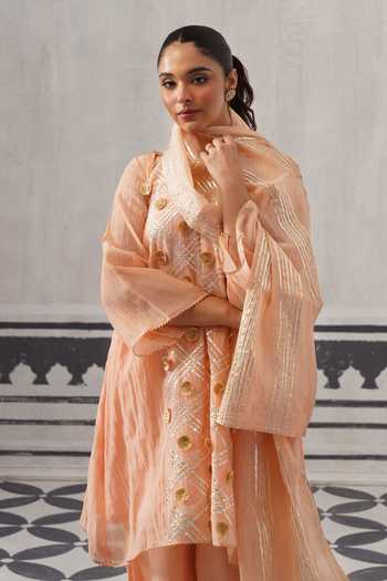 Palak & Mehak Peach Chanderi V-neck Tara Embellished A-line Kurta Set at Aza Fashions Palak & Mehak_Peach Chanderi V-neck Tara Embellished A-line Kurta Set _at_Aza_Fashions