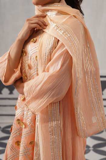 Buy Palak & Mehak Peach Chanderi V-neck Tara Embellished A-line Kurta Set Buy_Palak & Mehak_Peach Chanderi V-neck Tara Embellished A-line Kurta Set