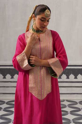 Palak & Mehak Pink Chanderi, Muslin (mulmul) Yolk Yoke Embellished Kurta Set at Aza Fashions Palak & Mehak_Pink Chanderi, Muslin (mulmul) Yolk Yoke Embellished Kurta Set _at_Aza_Fashions