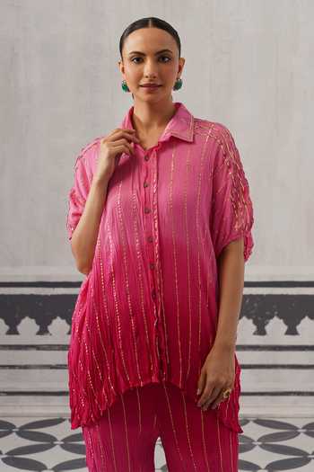 Palak & Mehak Pink Rayon, Lurex Collared Neck Baani Gota Embellished Shirt And Pant Set Online at Aza Fashions Palak & Mehak_Pink Rayon, Lurex Collared Neck Baani Gota Embellished Shirt And Pant Set _Online_at_Aza_Fashions