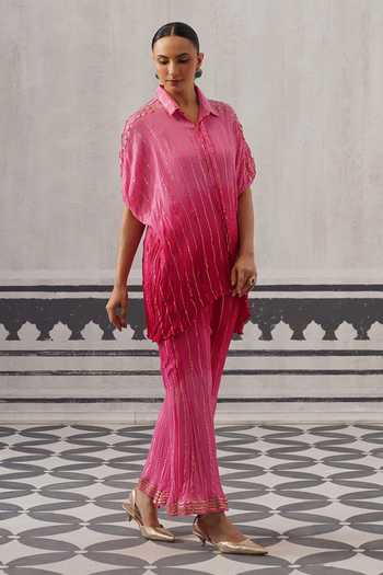 Buy Palak & Mehak Pink Rayon, Lurex Collared Neck Baani Gota Embellished Shirt And Pant Set Online at Aza Fashions Buy_Palak & Mehak_Pink Rayon, Lurex Collared Neck Baani Gota Embellished Shirt And Pant Set _Online_at_Aza_Fashions