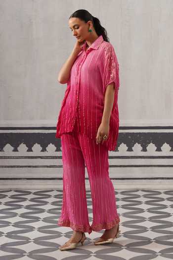 Shop Palak & Mehak Pink Rayon, Lurex Collared Neck Baani Gota Embellished Shirt And Pant Set Online at Aza Fashions Shop_Palak & Mehak_Pink Rayon, Lurex Collared Neck Baani Gota Embellished Shirt And Pant Set _Online_at_Aza_Fashions