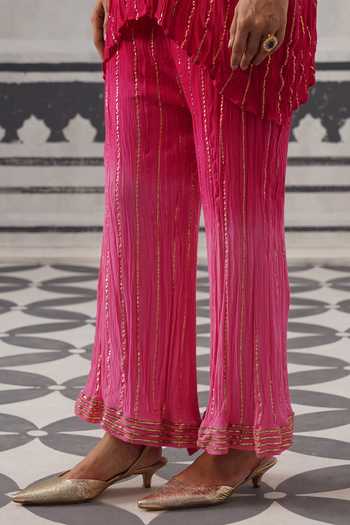 Palak & Mehak Pink Rayon, Lurex Collared Neck Baani Gota Embellished Shirt And Pant Set at Aza Fashions Palak & Mehak_Pink Rayon, Lurex Collared Neck Baani Gota Embellished Shirt And Pant Set _at_Aza_Fashions