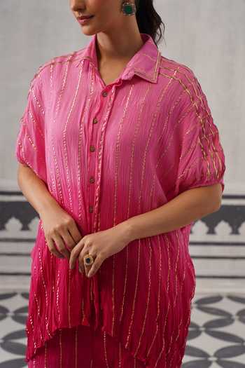 Buy Palak & Mehak Pink Rayon, Lurex Collared Neck Baani Gota Embellished Shirt And Pant Set Buy_Palak & Mehak_Pink Rayon, Lurex Collared Neck Baani Gota Embellished Shirt And Pant Set