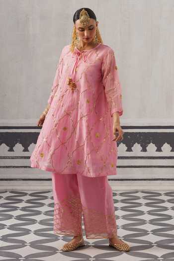 Palak & Mehak_Pink Muslin (mulmul) Round Neck Biba Embroidered Kurta Set _Online_at_Aza_Fashions