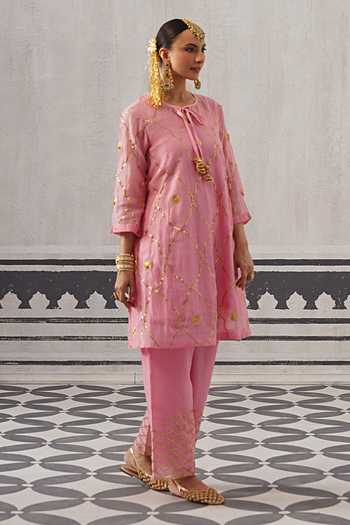 Buy_Palak & Mehak_Pink Muslin (mulmul) Round Neck Biba Embroidered Kurta Set _Online_at_Aza_Fashions