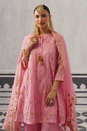 Shop_Palak & Mehak_Pink Muslin (mulmul) Round Neck Biba Embroidered Kurta Set _Online_at_Aza_Fashions