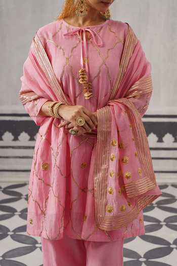 Buy_Palak & Mehak_Pink Muslin (mulmul) Round Neck Biba Embroidered Kurta Set 
