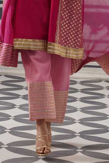Palak & Mehak_Pink Chanderi Split V-neck Priya Embellished Kurta Set _Online_at_Aza_Fashions