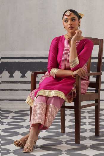 Buy_Palak & Mehak_Pink Chanderi Split V-neck Priya Embellished Kurta Set _Online_at_Aza_Fashions
