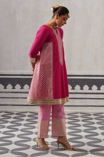 Shop_Palak & Mehak_Pink Chanderi Split V-neck Priya Embellished Kurta Set _Online_at_Aza_Fashions