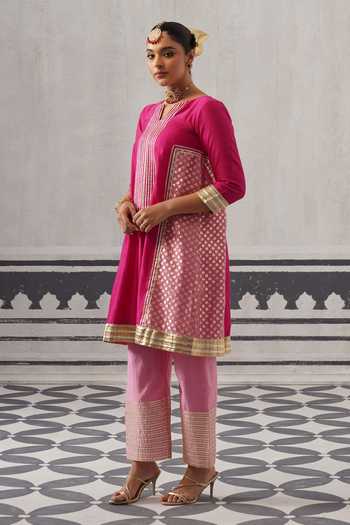 Palak & Mehak_Pink Chanderi Split V-neck Priya Embellished Kurta Set _at_Aza_Fashions