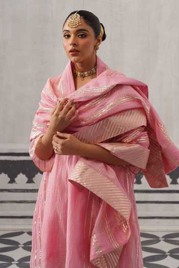 Buy_Palak & Mehak_Pink Chanderi V-neck Simi Neckline Embroidered Kurta Set _Online_at_Aza_Fashions