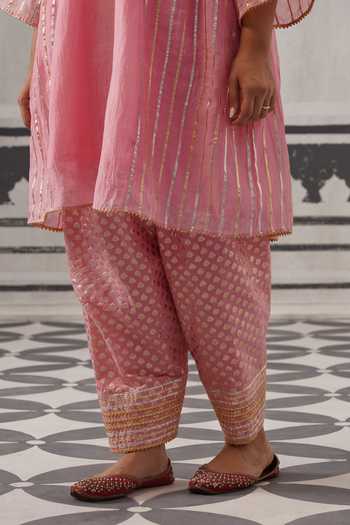 Shop_Palak & Mehak_Pink Chanderi V-neck Simi Neckline Embroidered Kurta Set _Online_at_Aza_Fashions