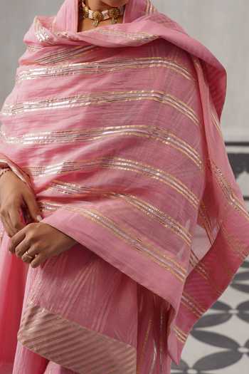 Palak & Mehak_Pink Chanderi V-neck Simi Neckline Embroidered Kurta Set _at_Aza_Fashions