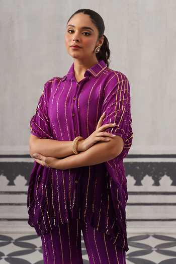 Palak & Mehak_Purple Rayon, Lurex Collared Neck Baani Stripe Pattern Shirt And Pant Set _Online_at_Aza_Fashions