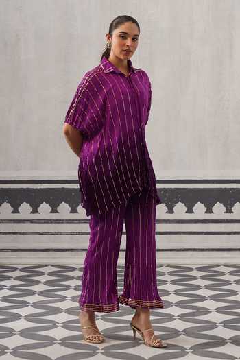 Buy_Palak & Mehak_Purple Rayon, Lurex Collared Neck Baani Stripe Pattern Shirt And Pant Set _Online_at_Aza_Fashions