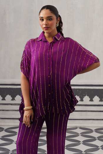 Shop_Palak & Mehak_Purple Rayon, Lurex Collared Neck Baani Stripe Pattern Shirt And Pant Set _Online_at_Aza_Fashions