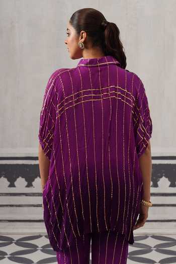 Palak & Mehak_Purple Rayon, Lurex Collared Neck Baani Stripe Pattern Shirt And Pant Set _at_Aza_Fashions