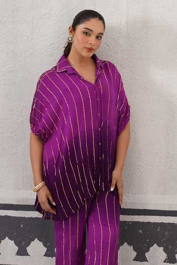 Buy_Palak & Mehak_Purple Rayon, Lurex Collared Neck Baani Stripe Pattern Shirt And Pant Set 
