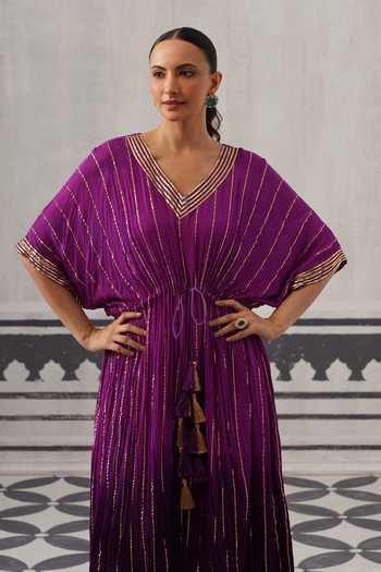 Palak & Mehak Purple Rayon, Lurex V-neck Sasha Metallic Stripe Pattern Kaftan Online at Aza Fashions Palak & Mehak_Purple Rayon, Lurex V-neck Sasha Metallic Stripe Pattern Kaftan _Online_at_Aza_Fashions