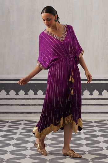 Buy Palak & Mehak Purple Rayon, Lurex V-neck Sasha Metallic Stripe Pattern Kaftan Online at Aza Fashions Buy_Palak & Mehak_Purple Rayon, Lurex V-neck Sasha Metallic Stripe Pattern Kaftan _Online_at_Aza_Fashions