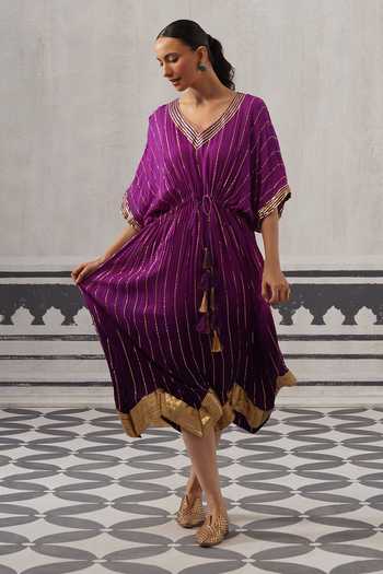 Shop Palak & Mehak Purple Rayon, Lurex V-neck Sasha Metallic Stripe Pattern Kaftan Online at Aza Fashions Shop_Palak & Mehak_Purple Rayon, Lurex V-neck Sasha Metallic Stripe Pattern Kaftan _Online_at_Aza_Fashions