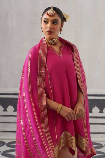 Palak & Mehak Pink Chanderi V-neck Ira Chevron Border Embellished Kurta Set at Aza Fashions Palak & Mehak_Pink Chanderi V-neck Ira Chevron Border Embellished Kurta Set _at_Aza_Fashions