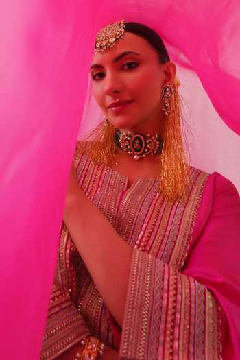 Palak & Mehak Pink Chanderi, Muslin (mulmul) Split V-neck Fazilka Gota Work A-line Kurta Set Online at Aza Fashions Palak & Mehak_Pink Chanderi, Muslin (mulmul) Split V-neck Fazilka Gota Work A-line Kurta Set _Online_at_Aza_Fashions