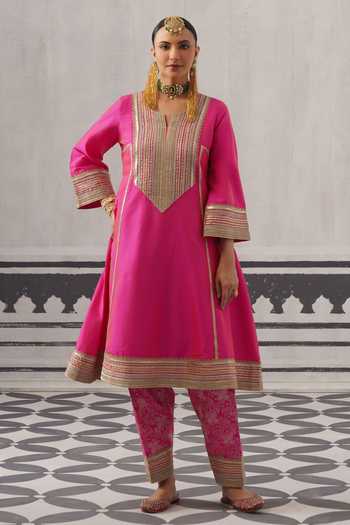 Buy Palak & Mehak Pink Chanderi, Muslin (mulmul) Split V-neck Fazilka Gota Work A-line Kurta Set Online at Aza Fashions Buy_Palak & Mehak_Pink Chanderi, Muslin (mulmul) Split V-neck Fazilka Gota Work A-line Kurta Set _Online_at_Aza_Fashions