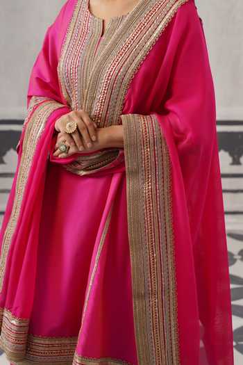 Shop Palak & Mehak Pink Chanderi, Muslin (mulmul) Split V-neck Fazilka Gota Work A-line Kurta Set Online at Aza Fashions Shop_Palak & Mehak_Pink Chanderi, Muslin (mulmul) Split V-neck Fazilka Gota Work A-line Kurta Set _Online_at_Aza_Fashions