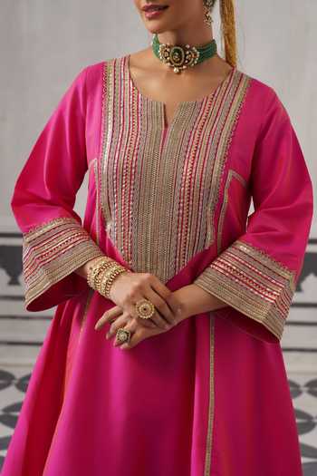 Palak & Mehak Pink Chanderi, Muslin (mulmul) Split V-neck Fazilka Gota Work A-line Kurta Set at Aza Fashions Palak & Mehak_Pink Chanderi, Muslin (mulmul) Split V-neck Fazilka Gota Work A-line Kurta Set _at_Aza_Fashions