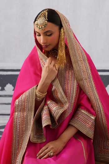 Buy Palak & Mehak Pink Chanderi, Muslin (mulmul) Split V-neck Fazilka Gota Work A-line Kurta Set Buy_Palak & Mehak_Pink Chanderi, Muslin (mulmul) Split V-neck Fazilka Gota Work A-line Kurta Set