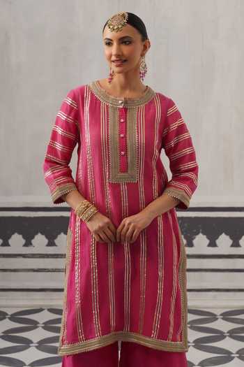 Buy_Palak & Mehak_Pink Muslin (mulmul) Round Neck, Yes Kimi Stripe Embellished Kurta Set _Online_at_Aza_Fashions
