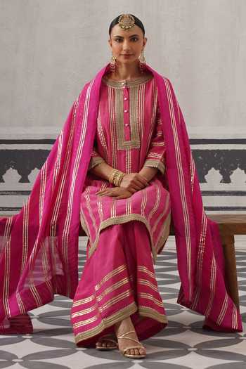 Buy_Palak & Mehak_Pink Muslin (mulmul) Round Neck, Yes Kimi Stripe Embellished Kurta Set 