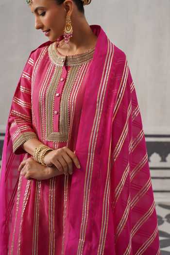 Shop_Palak & Mehak_Pink Muslin (mulmul) Round Neck, Yes Kimi Stripe Embellished Kurta Set 