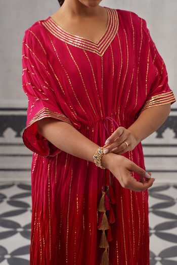 Palak & Mehak Pink Rayon, Lurex V-neck Sasha Striped Pattern Kaftan Online at Aza Fashions Palak & Mehak_Pink Rayon, Lurex V-neck Sasha Striped Pattern Kaftan _Online_at_Aza_Fashions
