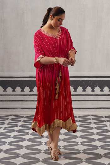 Buy Palak & Mehak Pink Rayon, Lurex V-neck Sasha Striped Pattern Kaftan Online at Aza Fashions Buy_Palak & Mehak_Pink Rayon, Lurex V-neck Sasha Striped Pattern Kaftan _Online_at_Aza_Fashions