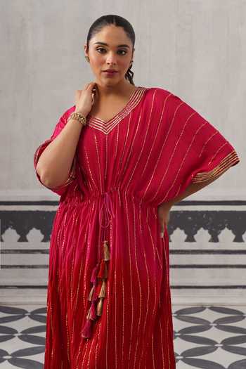 Shop Palak & Mehak Pink Rayon, Lurex V-neck Sasha Striped Pattern Kaftan Online at Aza Fashions Shop_Palak & Mehak_Pink Rayon, Lurex V-neck Sasha Striped Pattern Kaftan _Online_at_Aza_Fashions