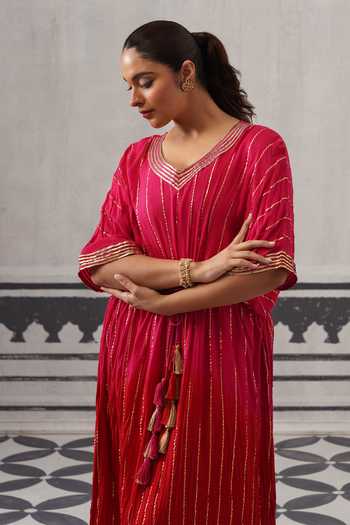 Palak & Mehak Pink Rayon, Lurex V-neck Sasha Striped Pattern Kaftan at Aza Fashions Palak & Mehak_Pink Rayon, Lurex V-neck Sasha Striped Pattern Kaftan _at_Aza_Fashions