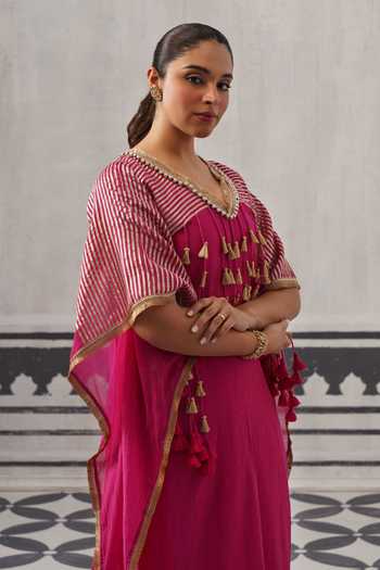 Palak & Mehak Pink Rayon, Lurex V-neck Suvi Tassel Embellished Kaftan And Pant Set Online at Aza Fashions Palak & Mehak_Pink Rayon, Lurex V-neck Suvi Tassel Embellished Kaftan And Pant Set _Online_at_Aza_Fashions