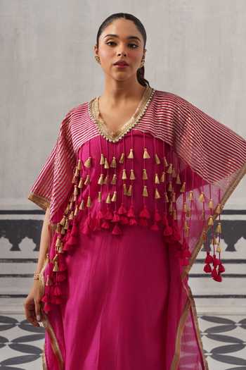 Shop Palak & Mehak Pink Rayon, Lurex V-neck Suvi Tassel Embellished Kaftan And Pant Set Online at Aza Fashions Shop_Palak & Mehak_Pink Rayon, Lurex V-neck Suvi Tassel Embellished Kaftan And Pant Set _Online_at_Aza_Fashions