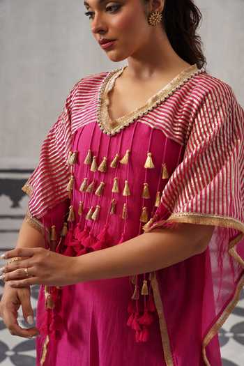 Palak & Mehak Pink Rayon, Lurex V-neck Suvi Tassel Embellished Kaftan And Pant Set at Aza Fashions Palak & Mehak_Pink Rayon, Lurex V-neck Suvi Tassel Embellished Kaftan And Pant Set _at_Aza_Fashions