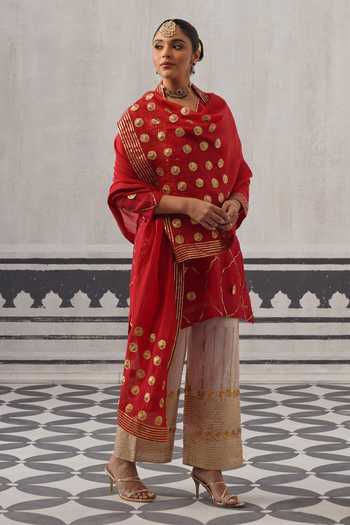 Buy Palak & Mehak Red Chanderi V-neck, Yes Biba Embellished Straight Kurta Set Buy_Palak & Mehak_Red Chanderi V-neck, Yes Biba Embellished Straight Kurta Set