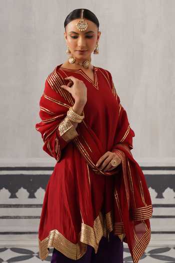 Buy Palak & Mehak Red Chanderi V-neck Ira Neckline Embellished Kurta Set Online at Aza Fashions Buy_Palak & Mehak_Red Chanderi V-neck Ira Neckline Embellished Kurta Set _Online_at_Aza_Fashions