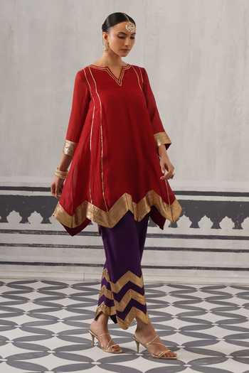 Shop Palak & Mehak Red Chanderi V-neck Ira Neckline Embellished Kurta Set Online at Aza Fashions Shop_Palak & Mehak_Red Chanderi V-neck Ira Neckline Embellished Kurta Set _Online_at_Aza_Fashions